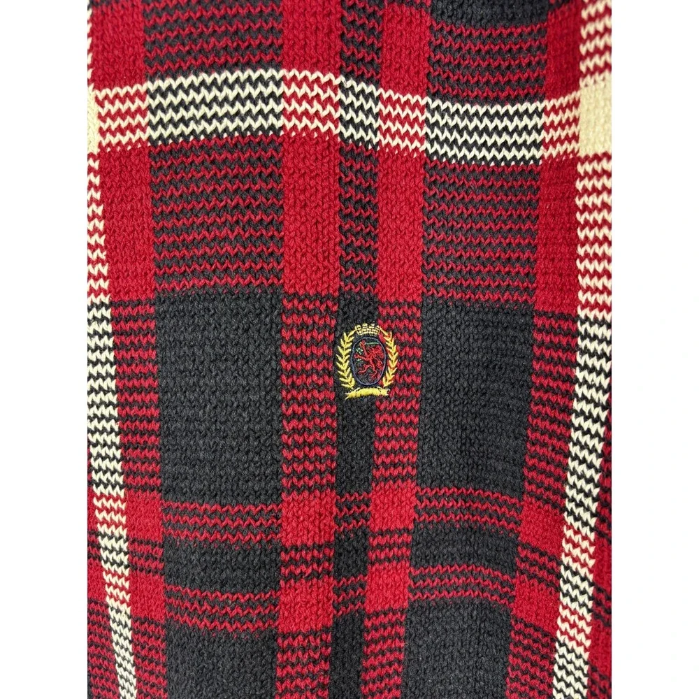 Tommy Hilfiger Plaid Sweater Mens M‎ Red Navy Crest Logo Preppy Classic Knit